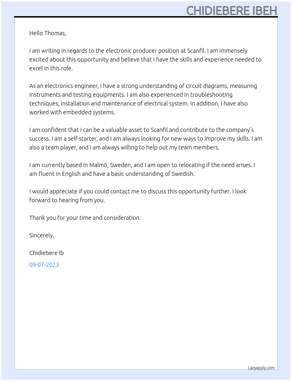 electronic producer At Scanfil Cover Letter