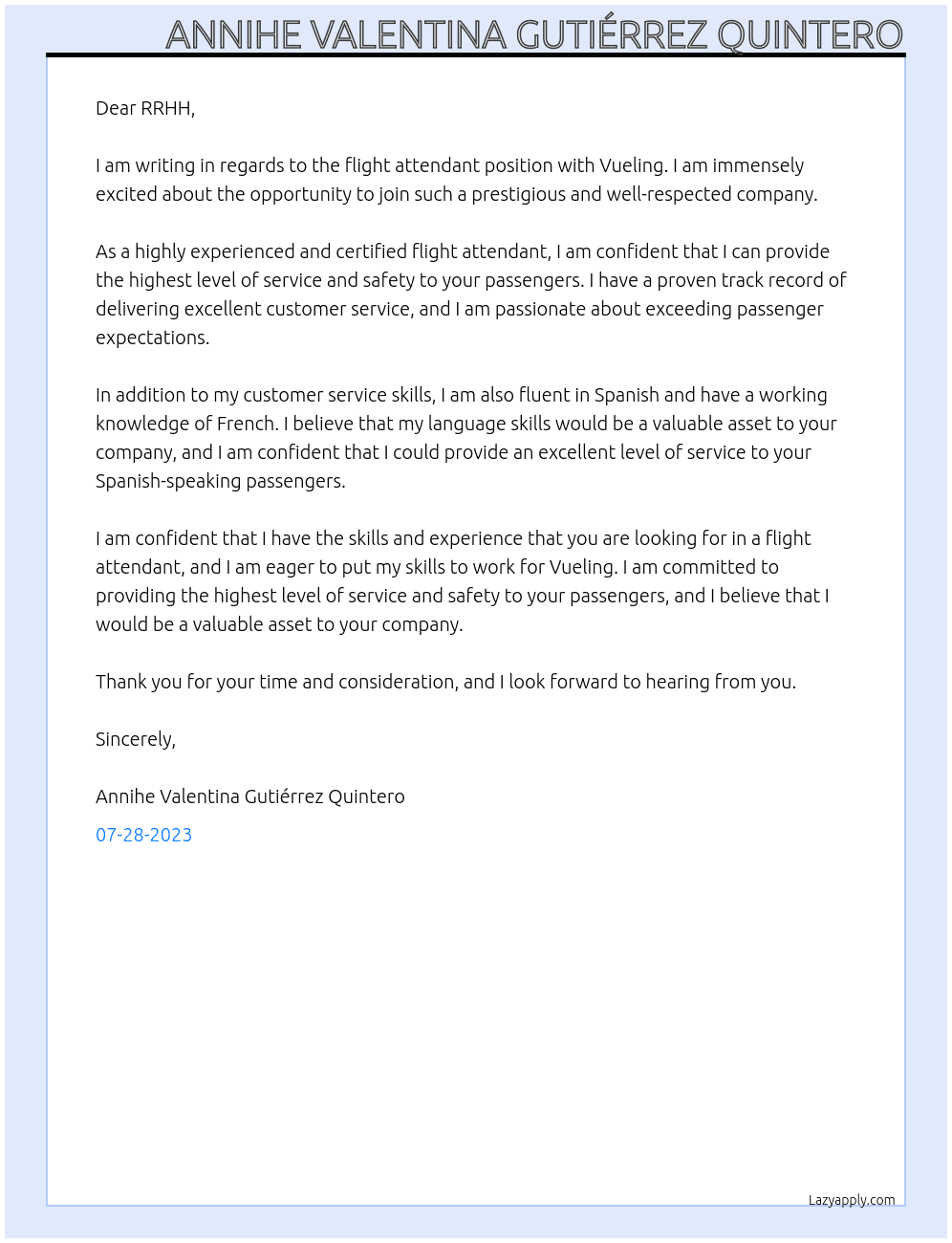 Flight attendant At Vueling Cover Letter