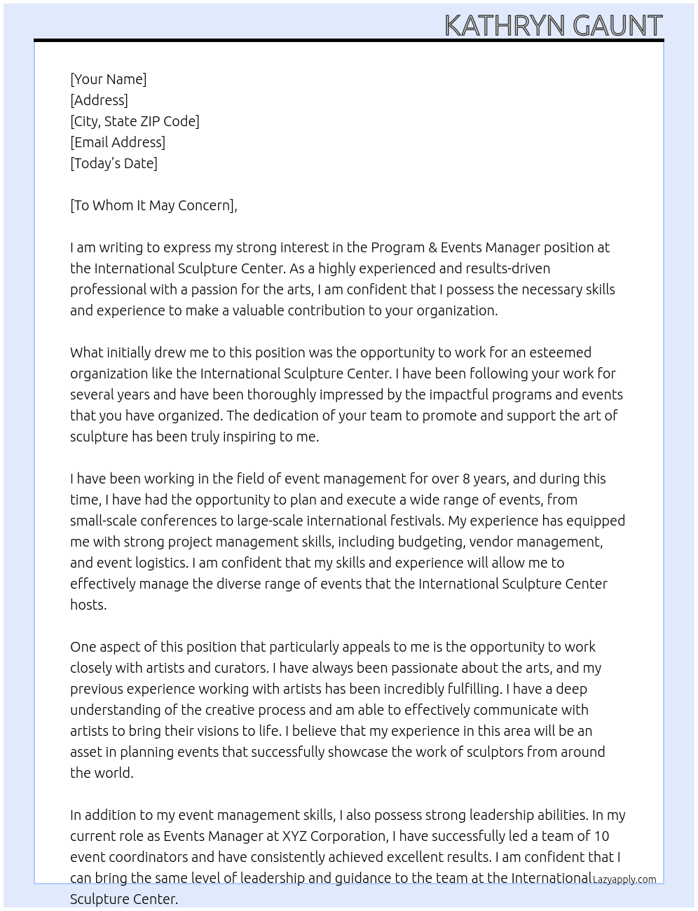 Program & Events Manager At International Sculpture Center Cover Letter