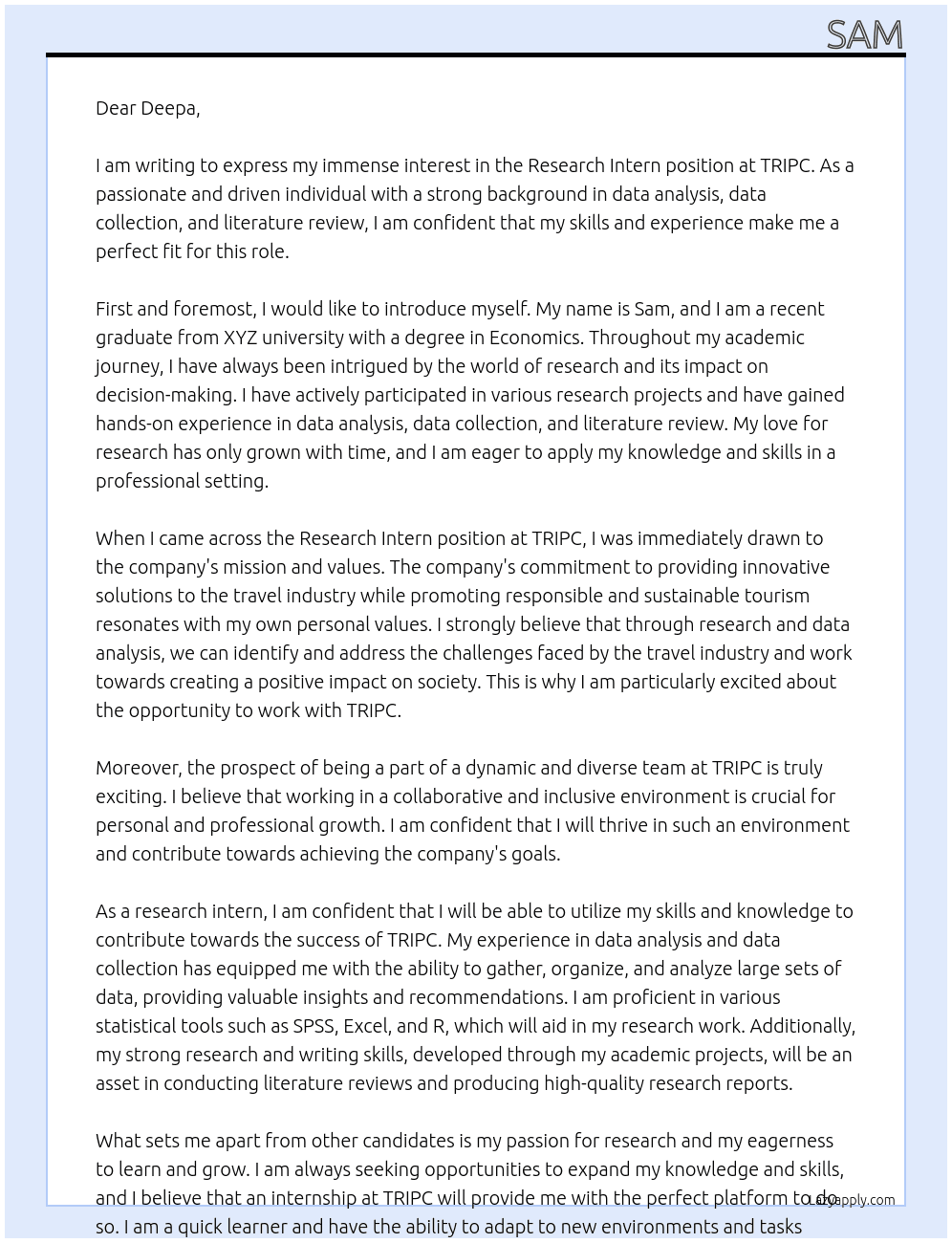 Research Intern At TRIPC Cover Letter