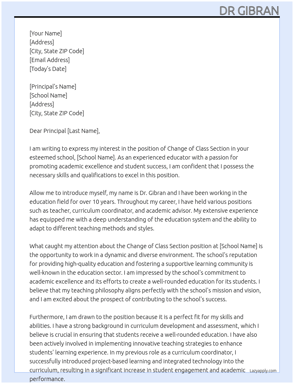 CHANGE OF CLASS SECTION IN SCHOOL At CHANGE OF SECTION Cover Letter