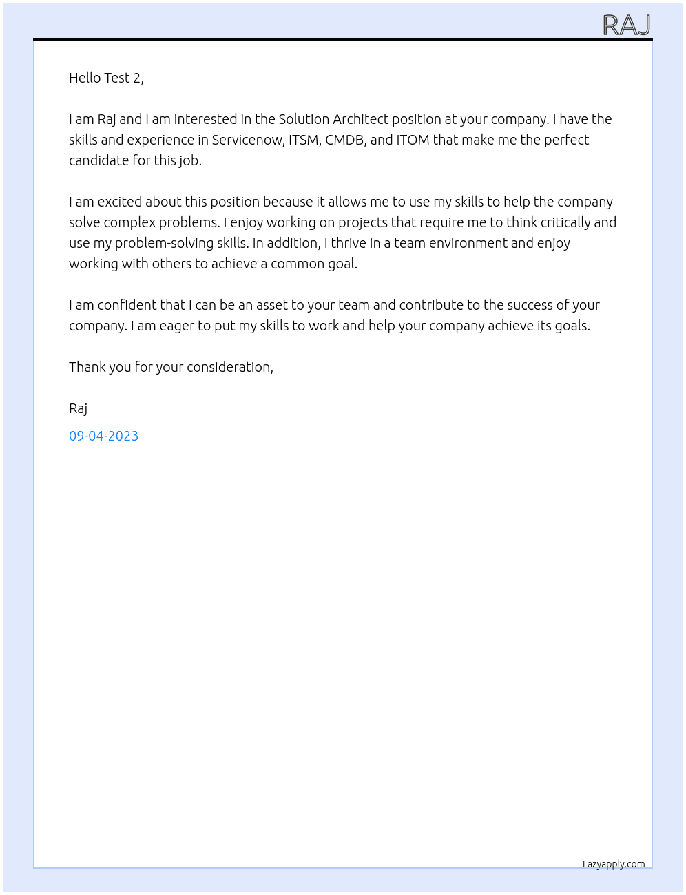 Solution Architect At Test 1 Cover Letter