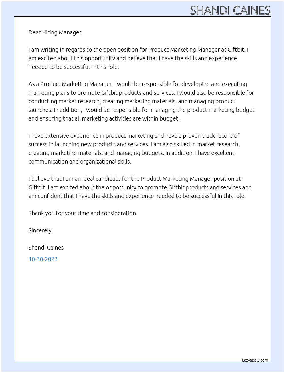 Product Marketing Manager At Giftbit Cover Letter
