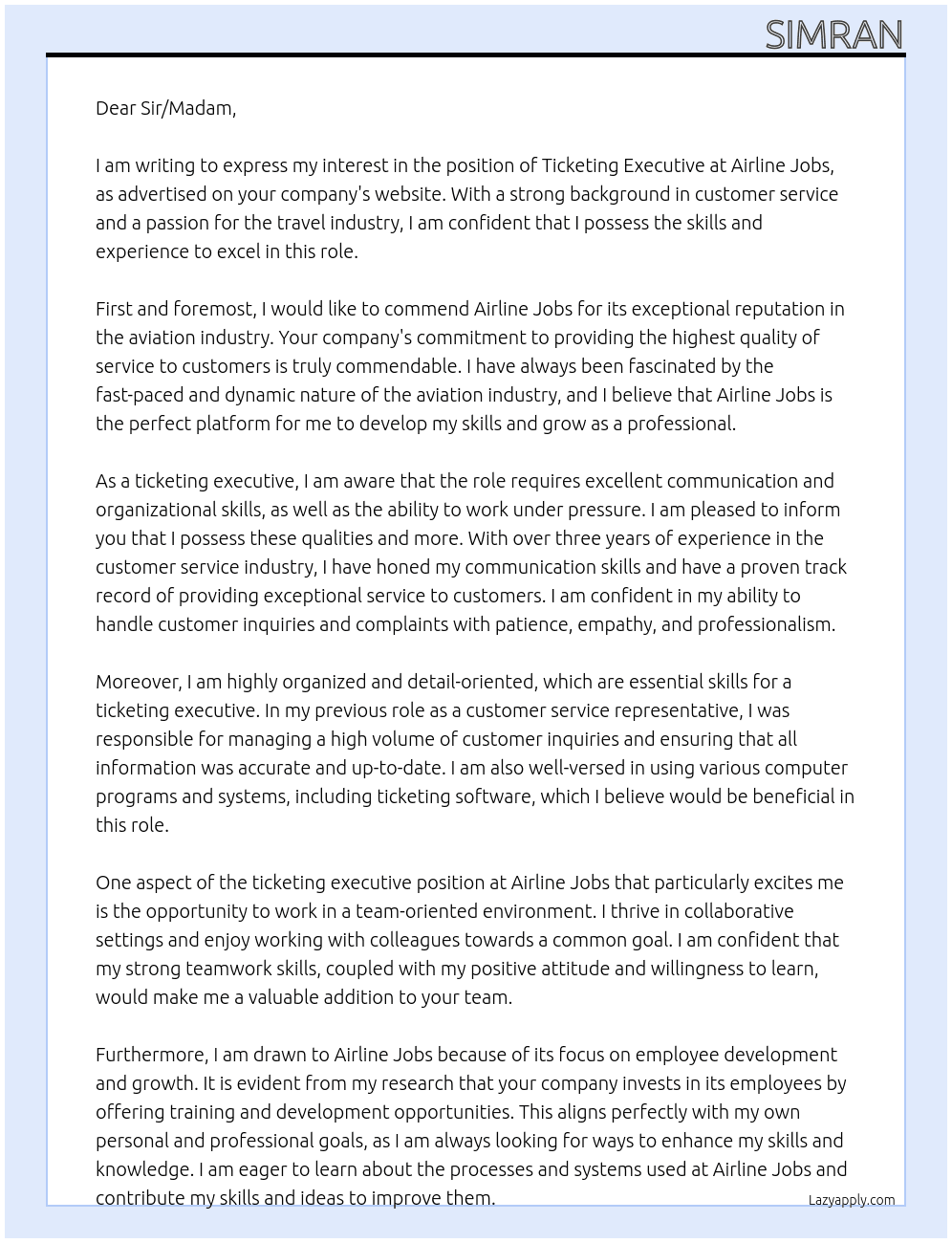 Ticketing executive  At Airline jobs Cover Letter