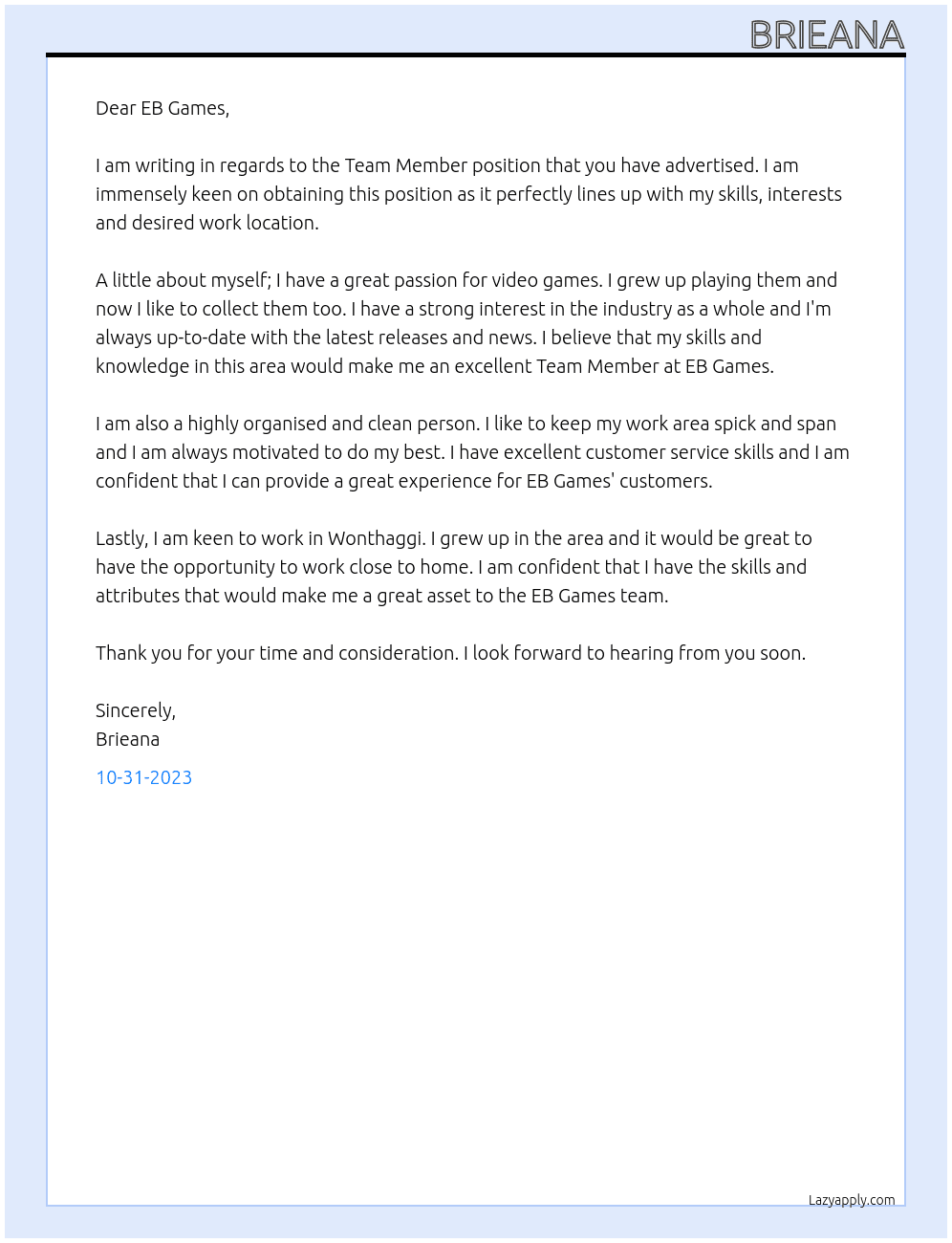 Team Member At EB Games Cover Letter