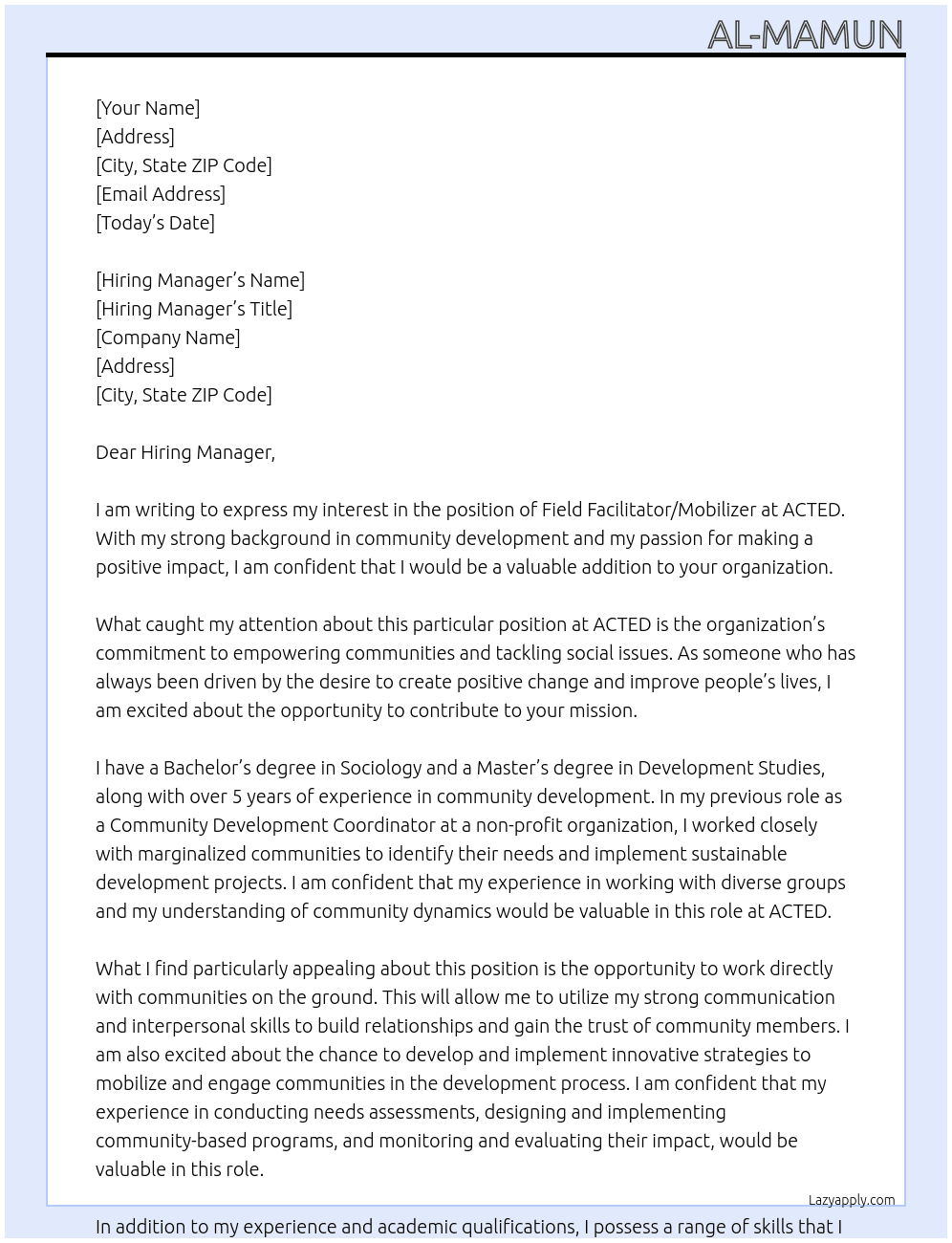 Field Facilator/Mobilizer At ACTED Cover Letter