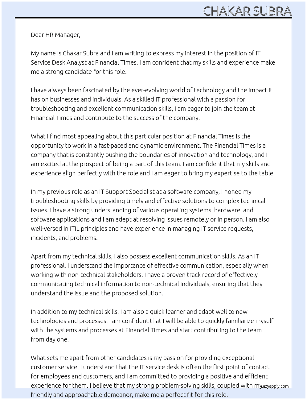 IT Service Desk Analyst At Financial Times Cover Letter