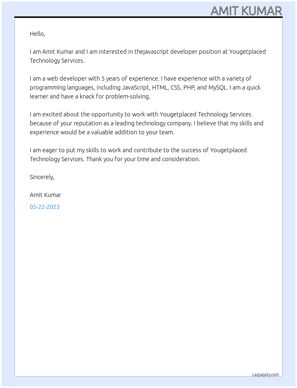 javascript developer At Yougetplaced Technology Services Cover Letter
