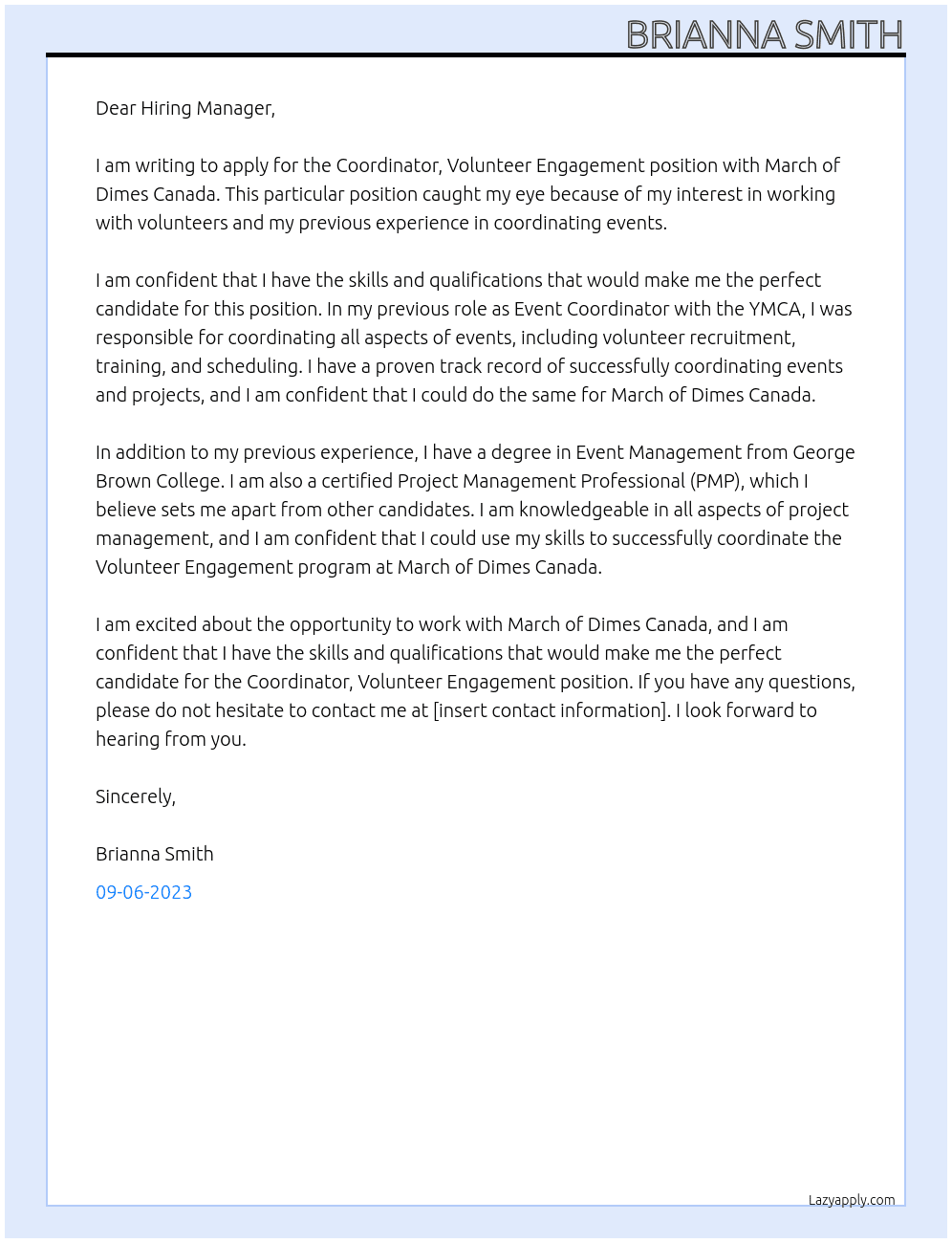 Coordinator, Volunteer Engagement At March of Dimes Canada Cover Letter