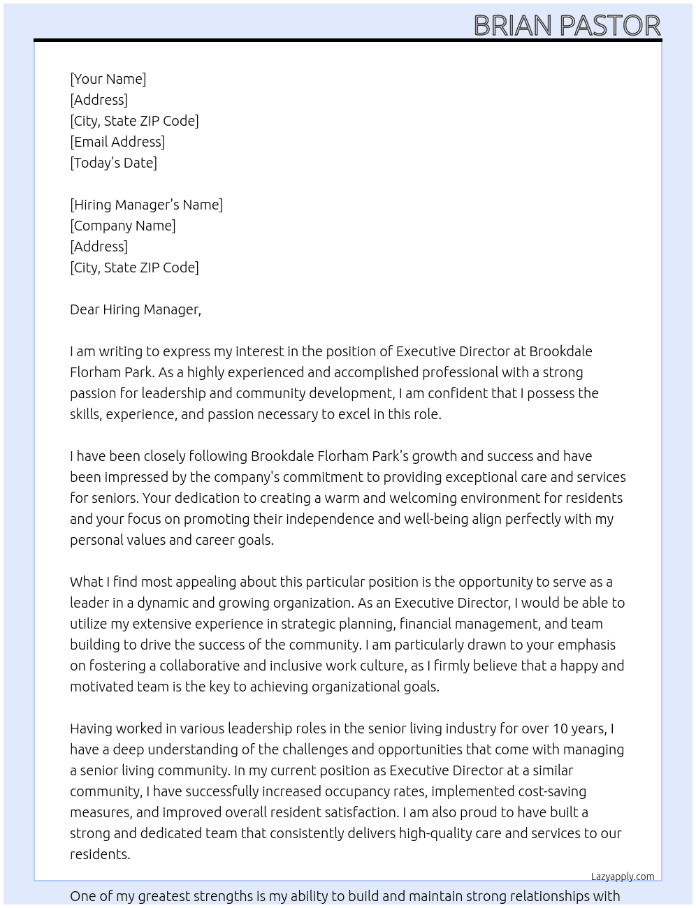 Executive Director At Brookdale Florham Park  Cover Letter