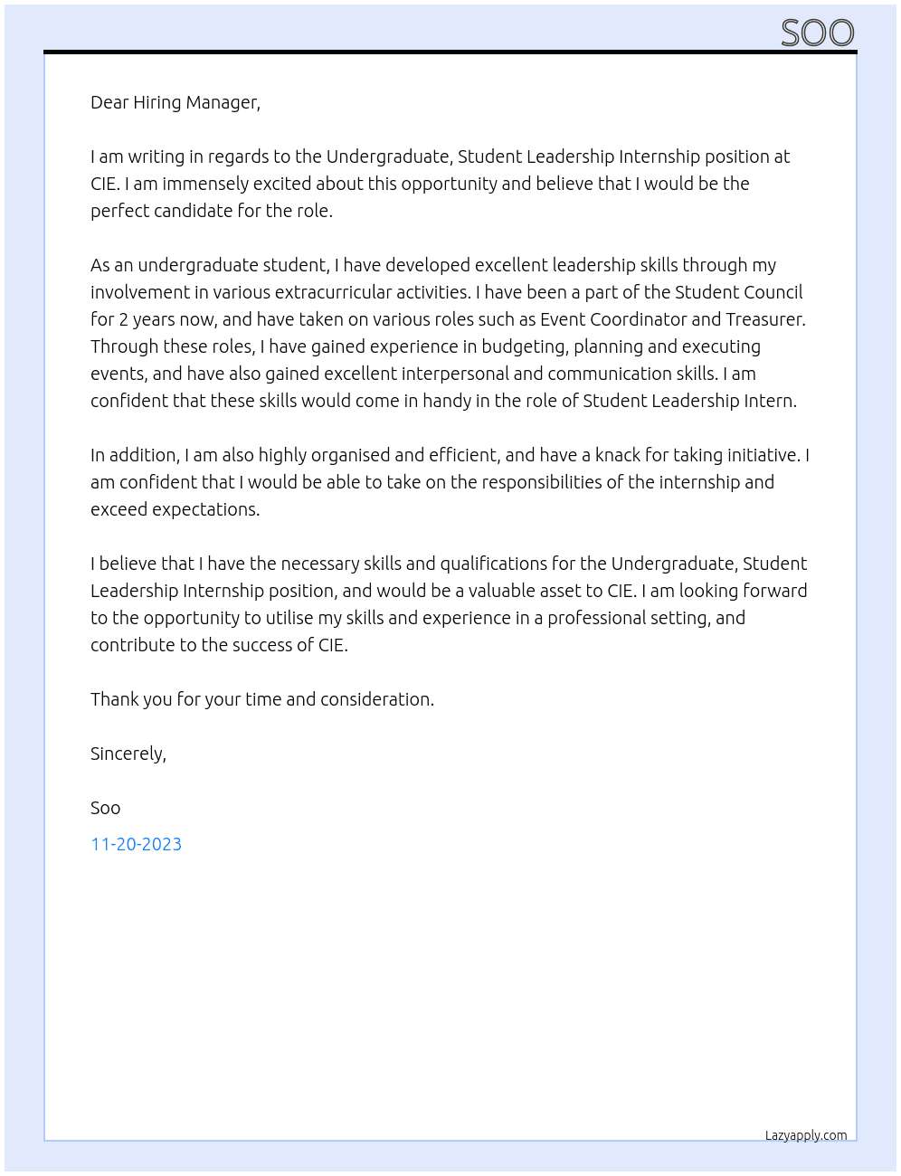 Undergraduate, Student Leadership Internship At CIE Cover Letter