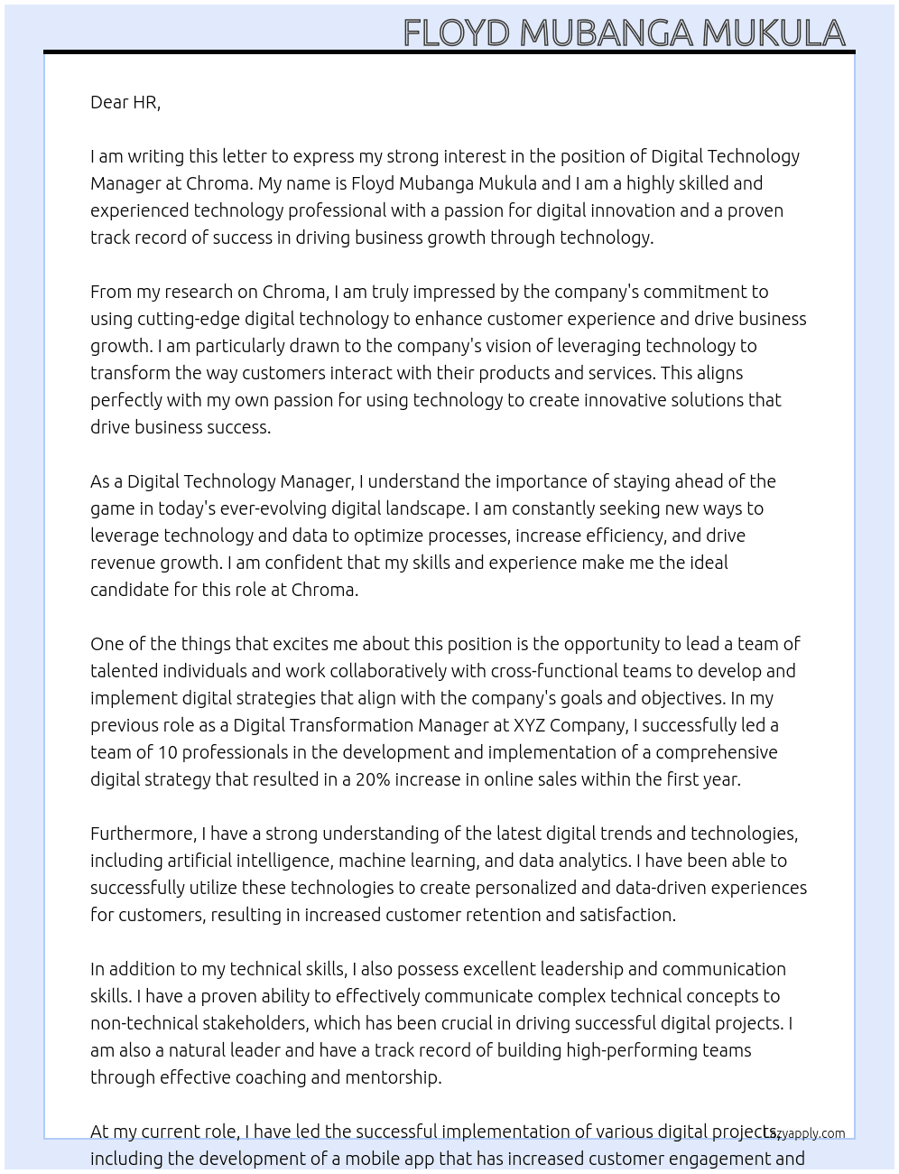 DIGITAL TECHNOLOGY MANAGER At Chroma Cover Letter