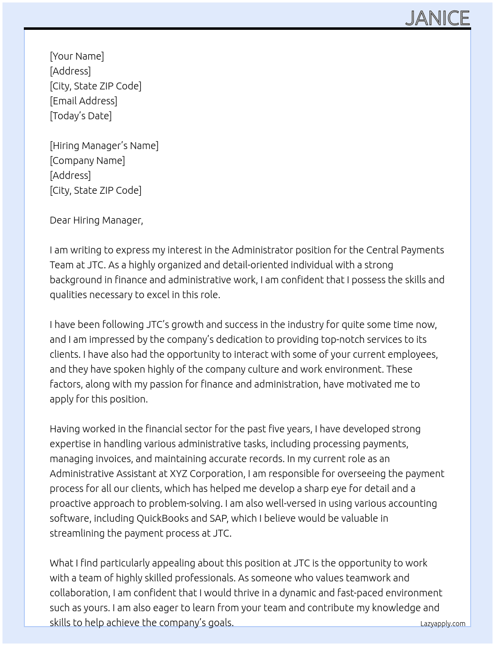 Administrator - Central Payments Team At JTC Cover Letter