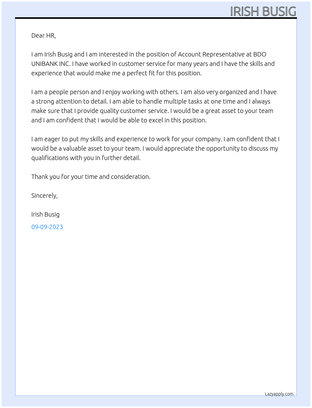 Account Representative At BDO UNIBANK INC Cover Letter