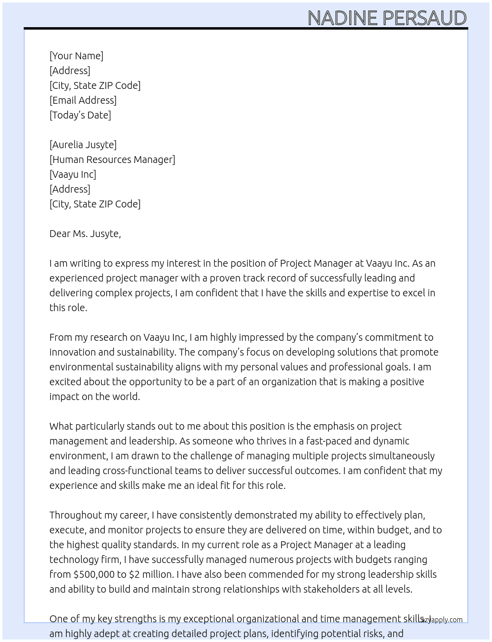 Project manager At Vaayu Inc Cover Letter