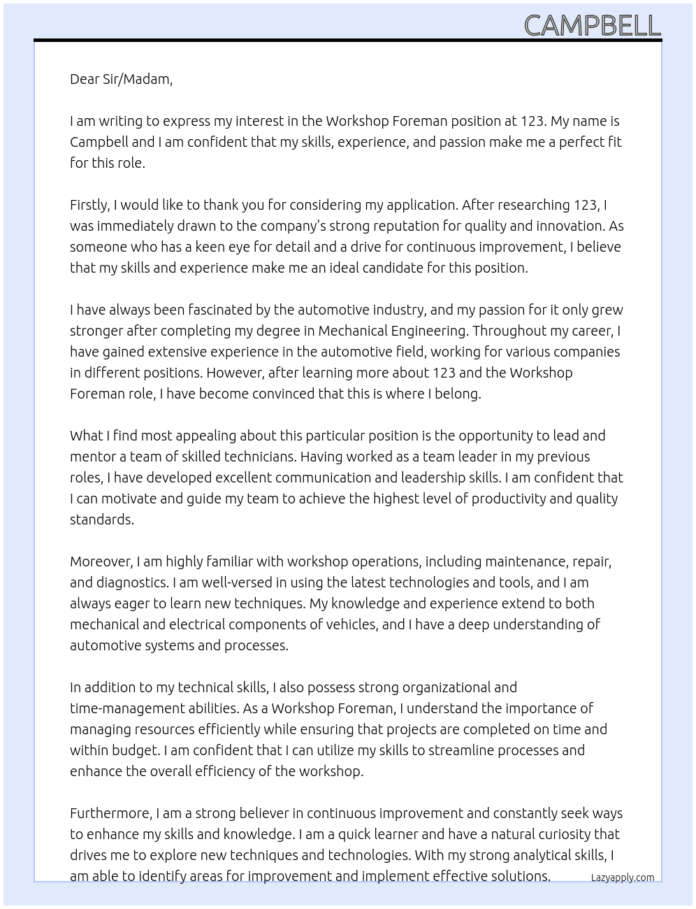Workshop Foreman At 123 Cover Letter