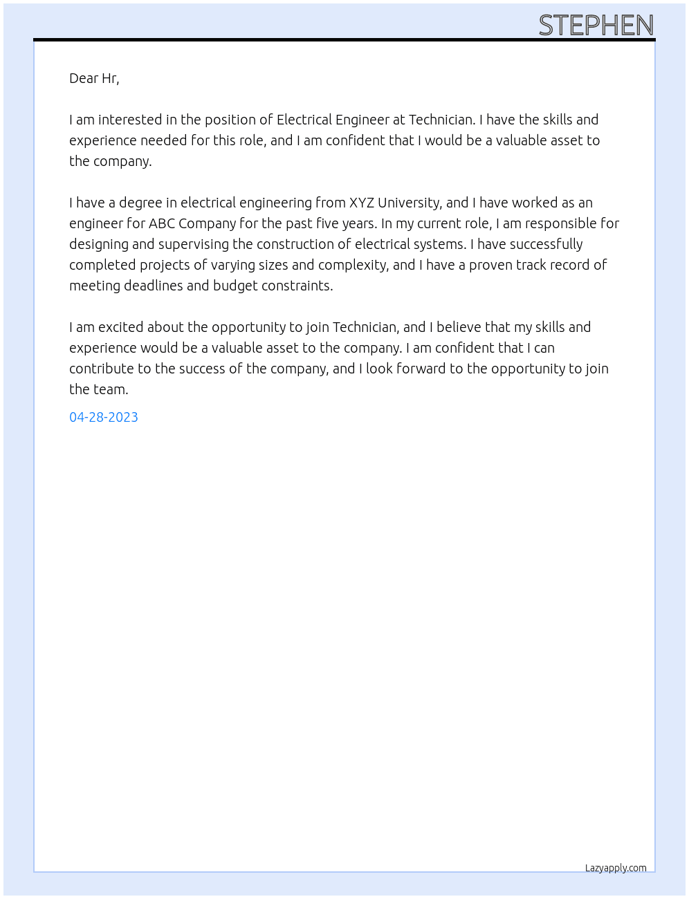 Electrical Engineer At Technician Cover Letter