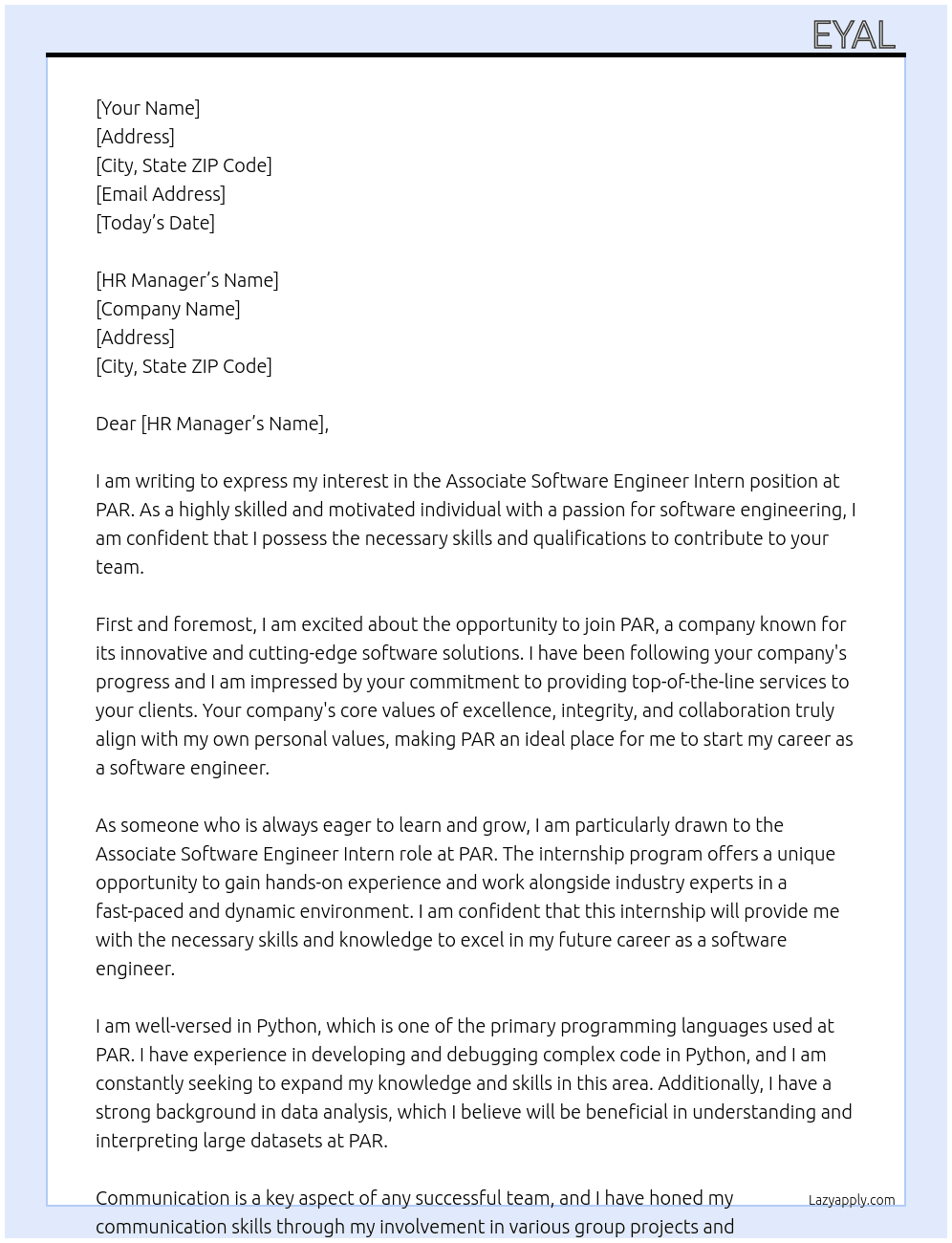 Associate Software Engineer Intern At PAR Cover Letter