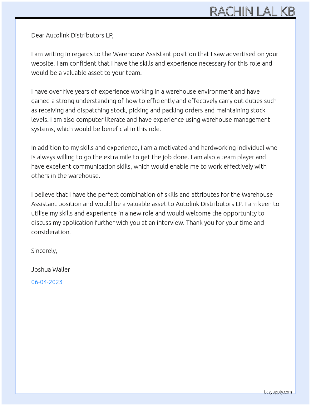 Warehouse Assistant At Autolink Distributors LP Cover Letter