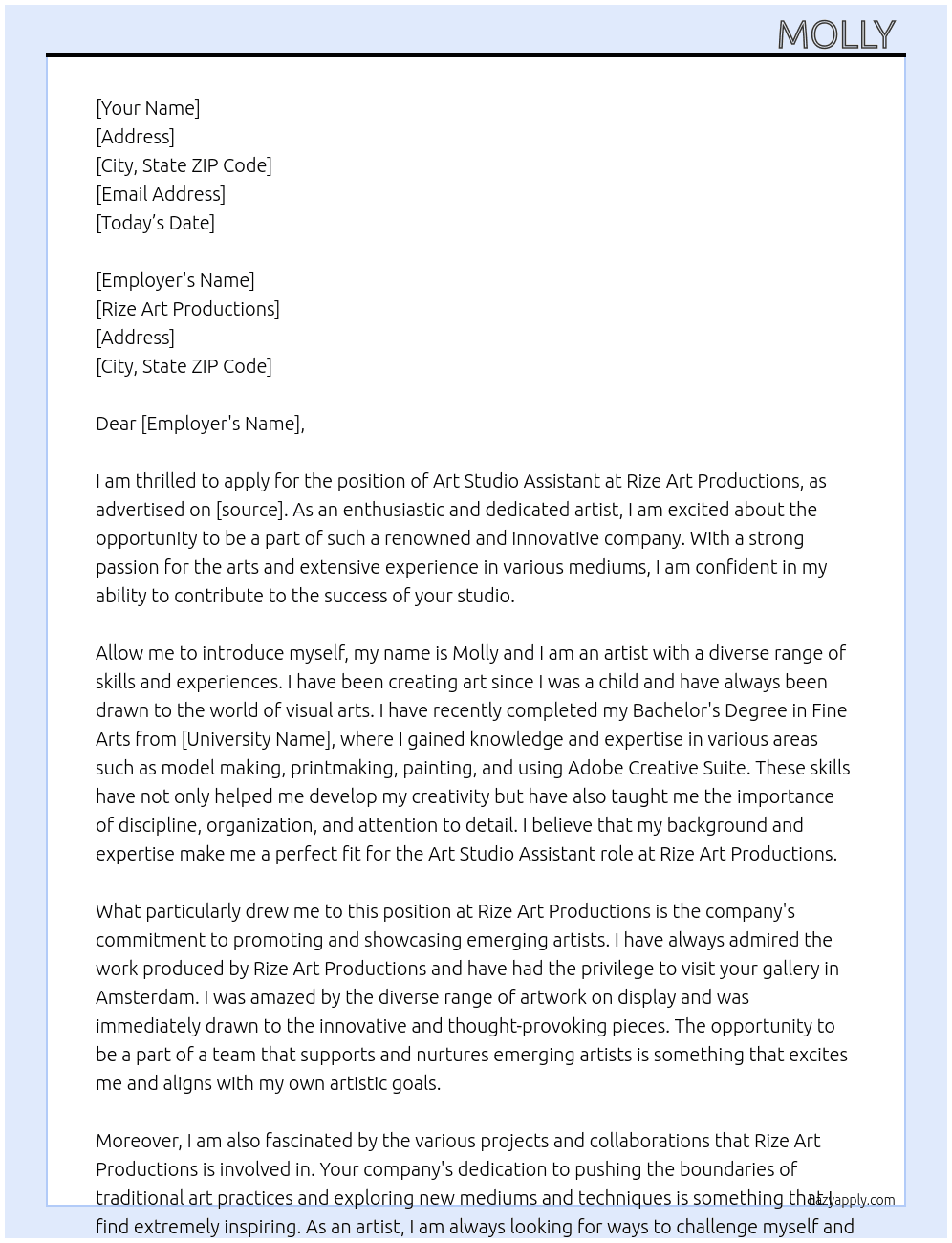 Art Studio Assistant  At Rize Art Productions  Cover Letter