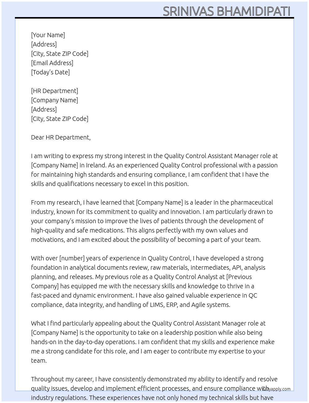 Quality control  At Ireland Cover Letter