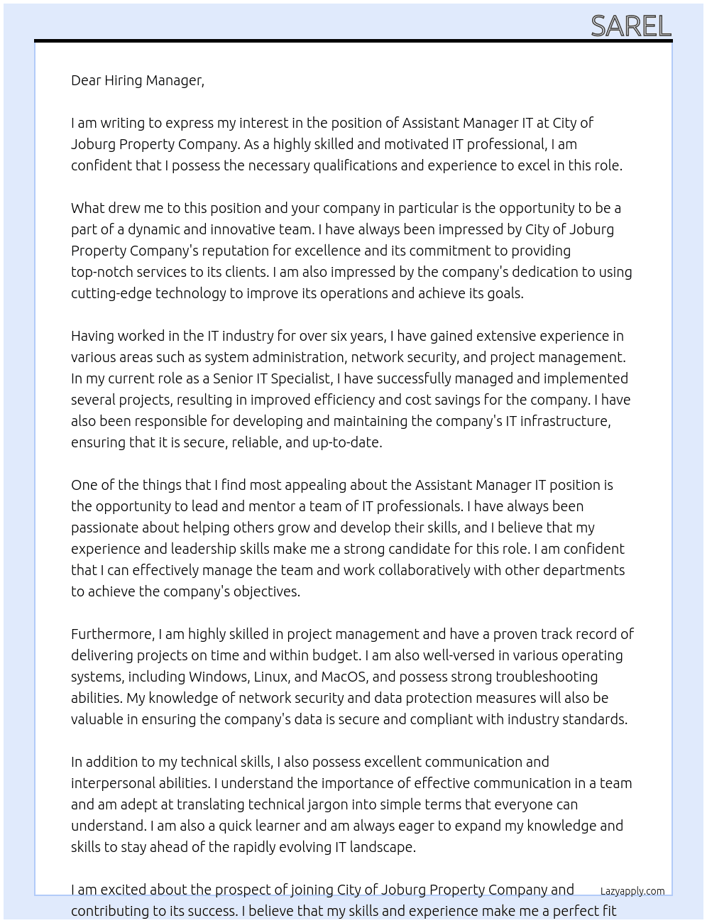 Assistant Manager IT At City of Joburg Property Company Cover Letter