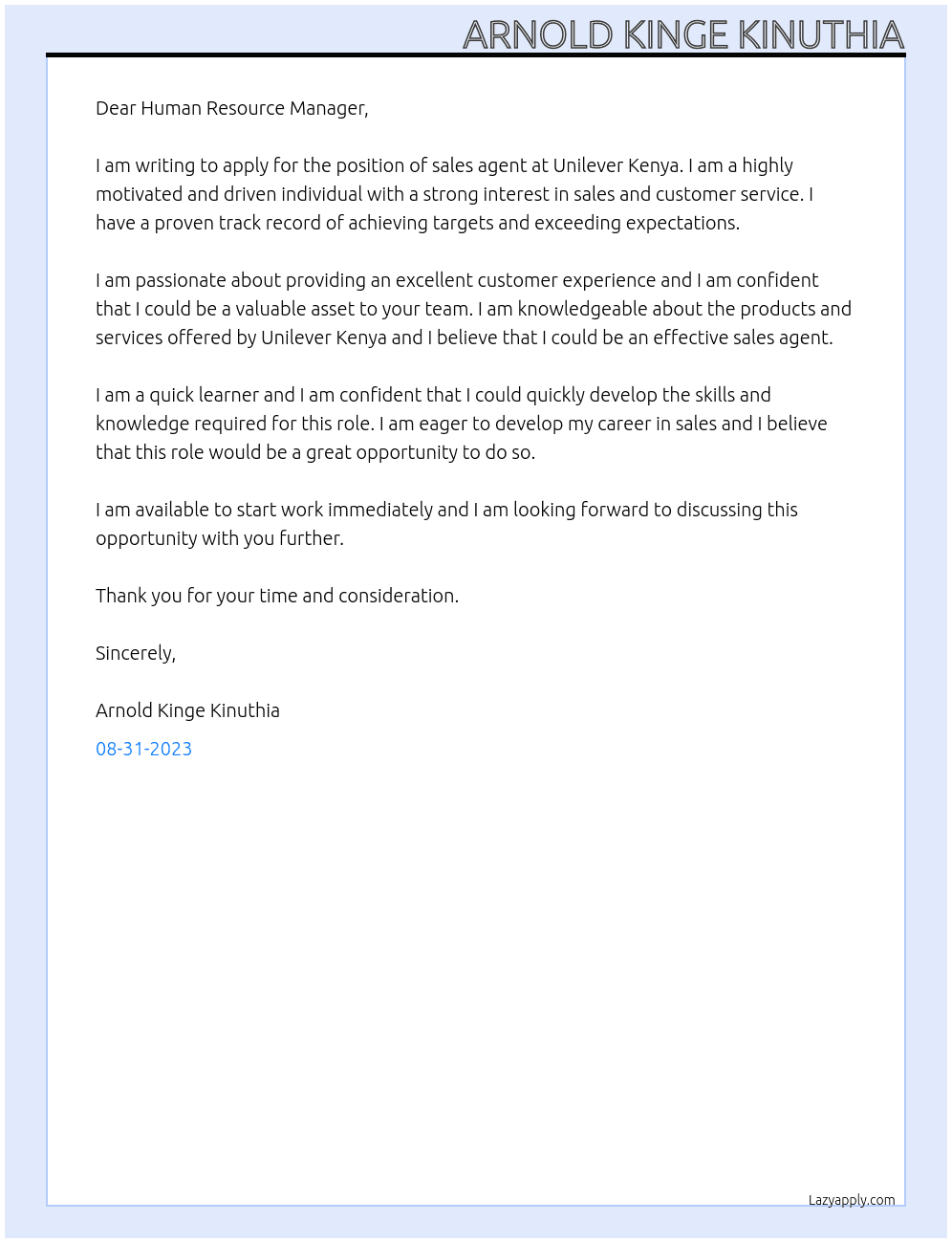 sales agent At unilever kenya Cover Letter