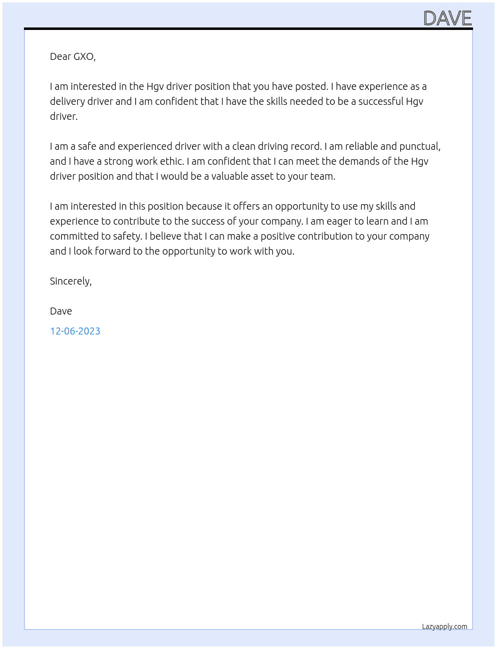 Hgv driver At GXO Cover Letter