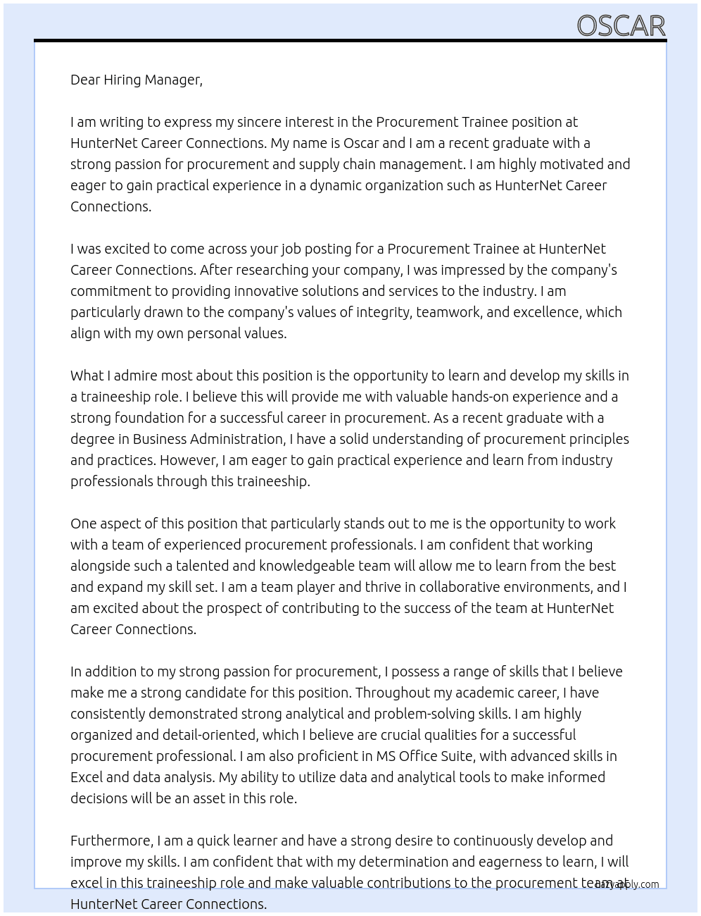 Procurement Trainee At HunterNet Career Connections Cover Letter