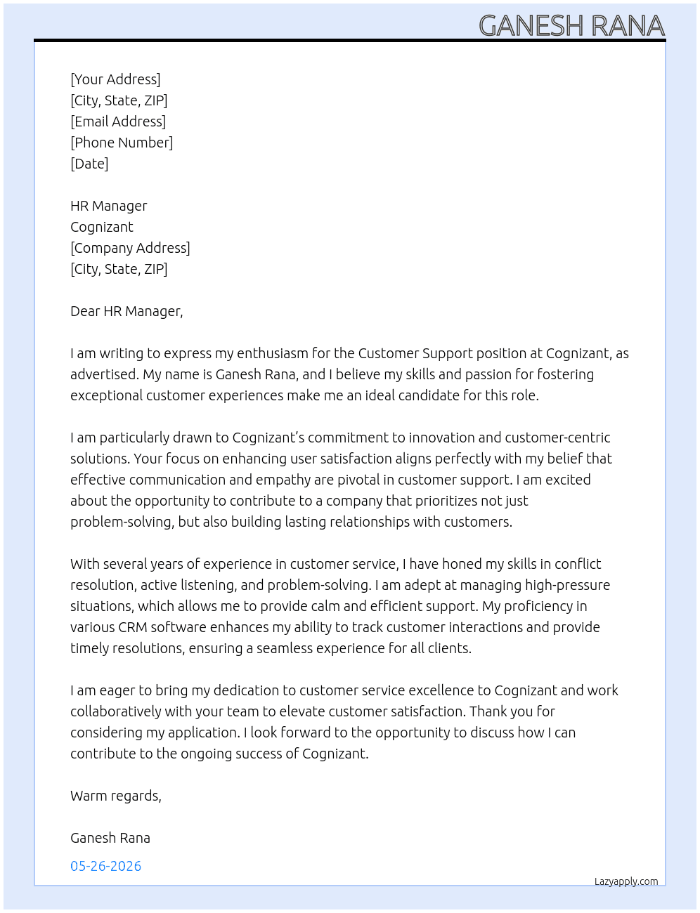 Customer Support At Cognizant Cover Letter