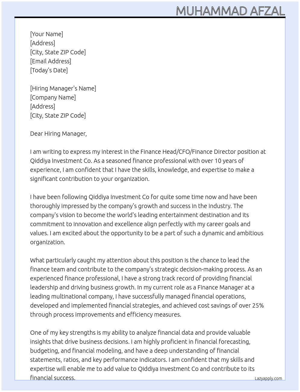 Finance Head/CFO/Finance Director/ At Qiddiya Investment Co Cover Letter