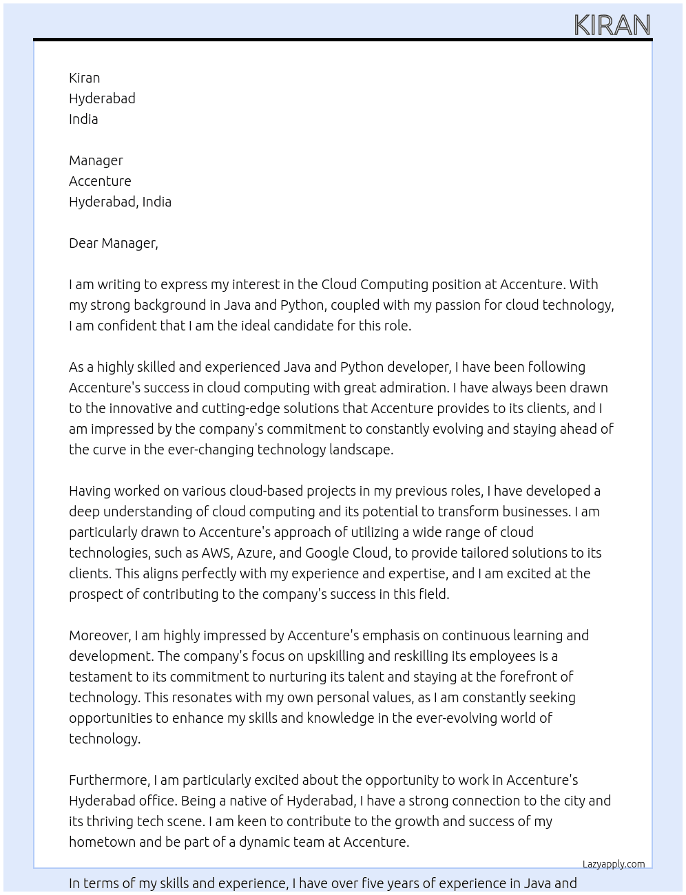 Cloud computing  At Accenture  Cover Letter