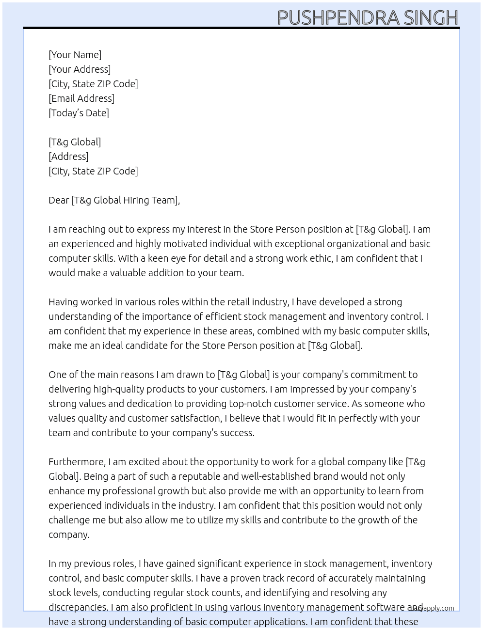 Store person  At T&g global Cover Letter