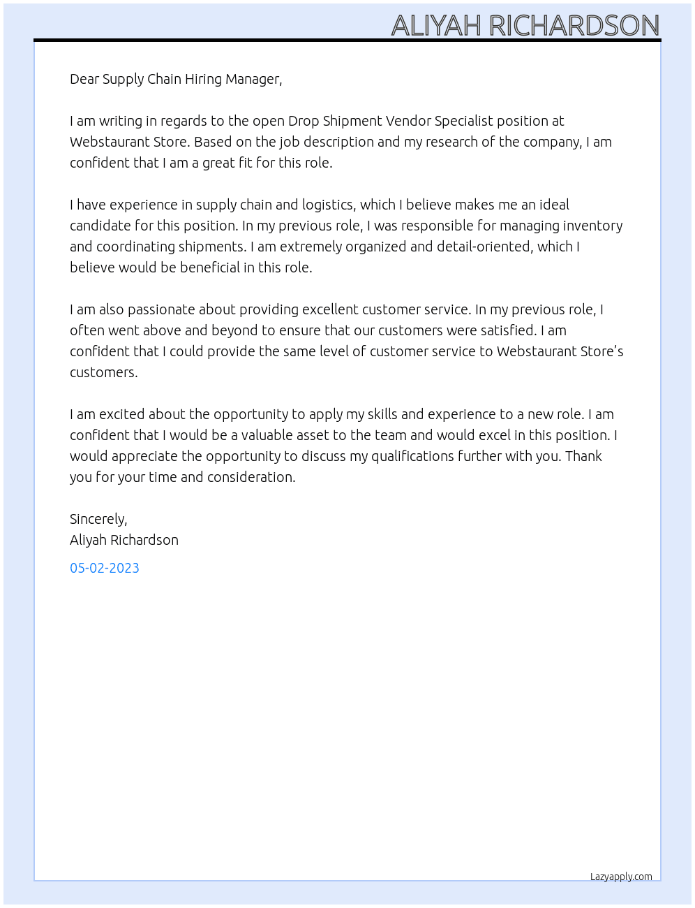 Drop shipment vendor specialist  At Webstaurant Store Cover Letter