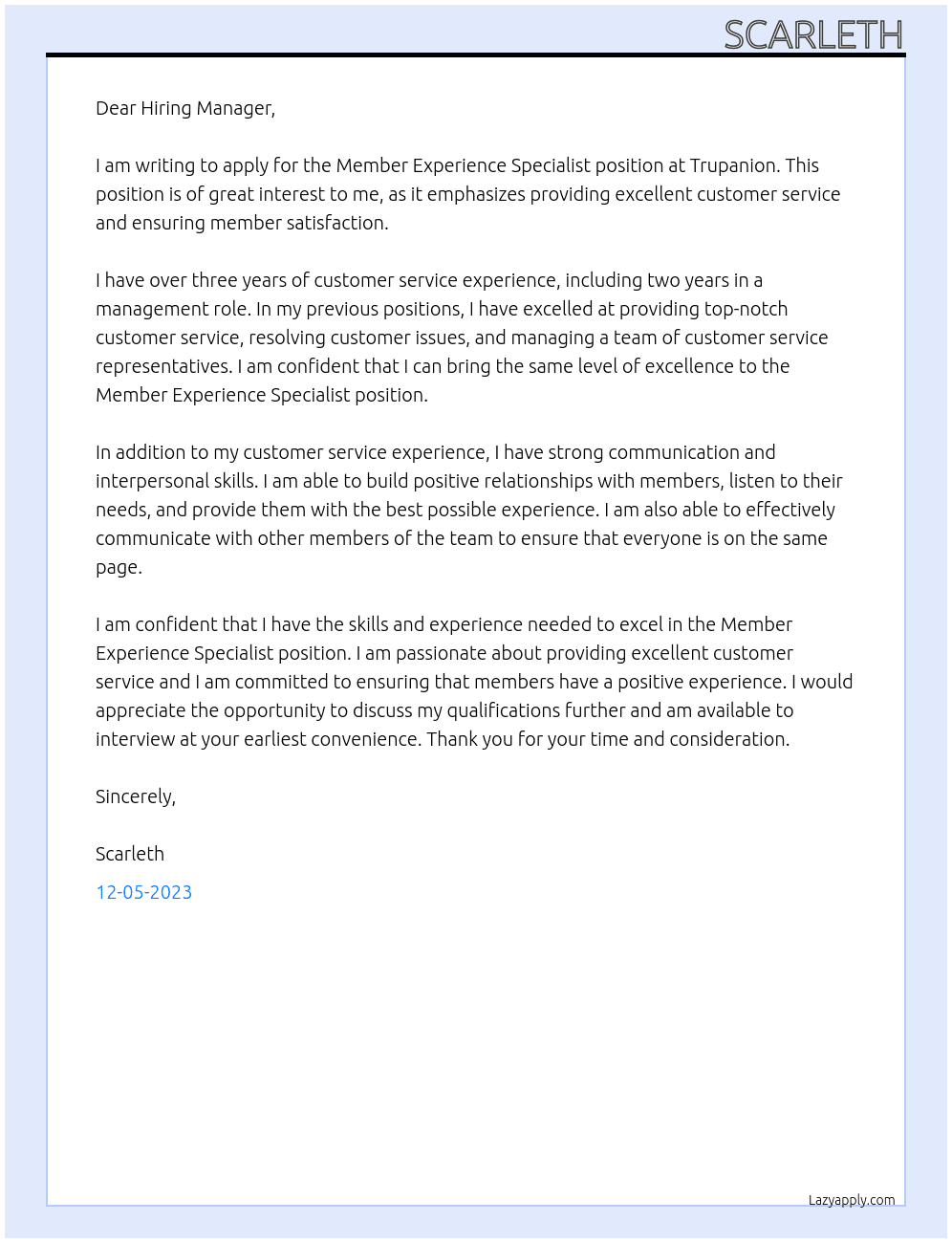 Member Experience Specialist At Trupanion  Cover Letter
