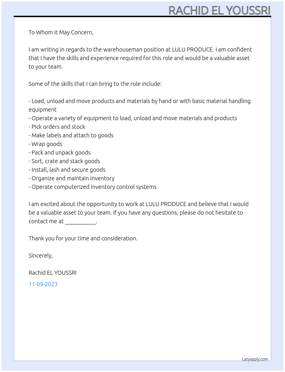 warehouseman At  LULU PRODUCE  Cover Letter