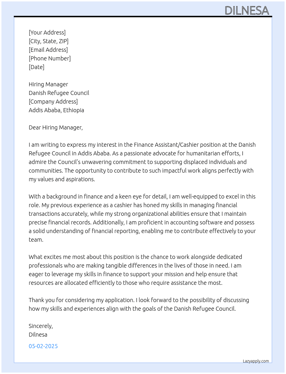 Finance Assistant /Cashier  At Danish Refugee Council  Cover Letter