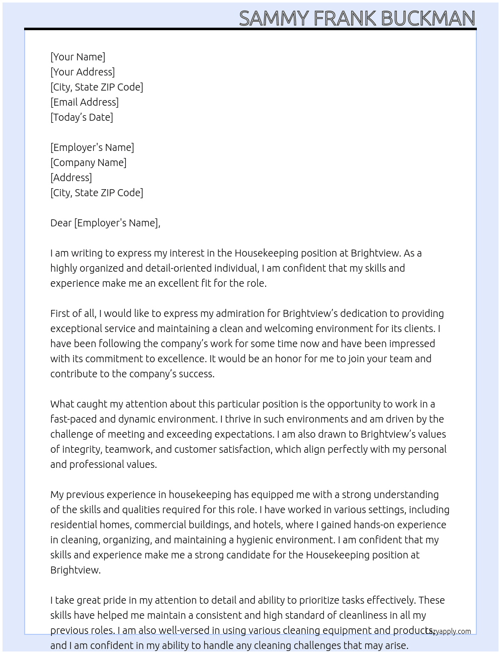 house keeping At brightview Cover Letter