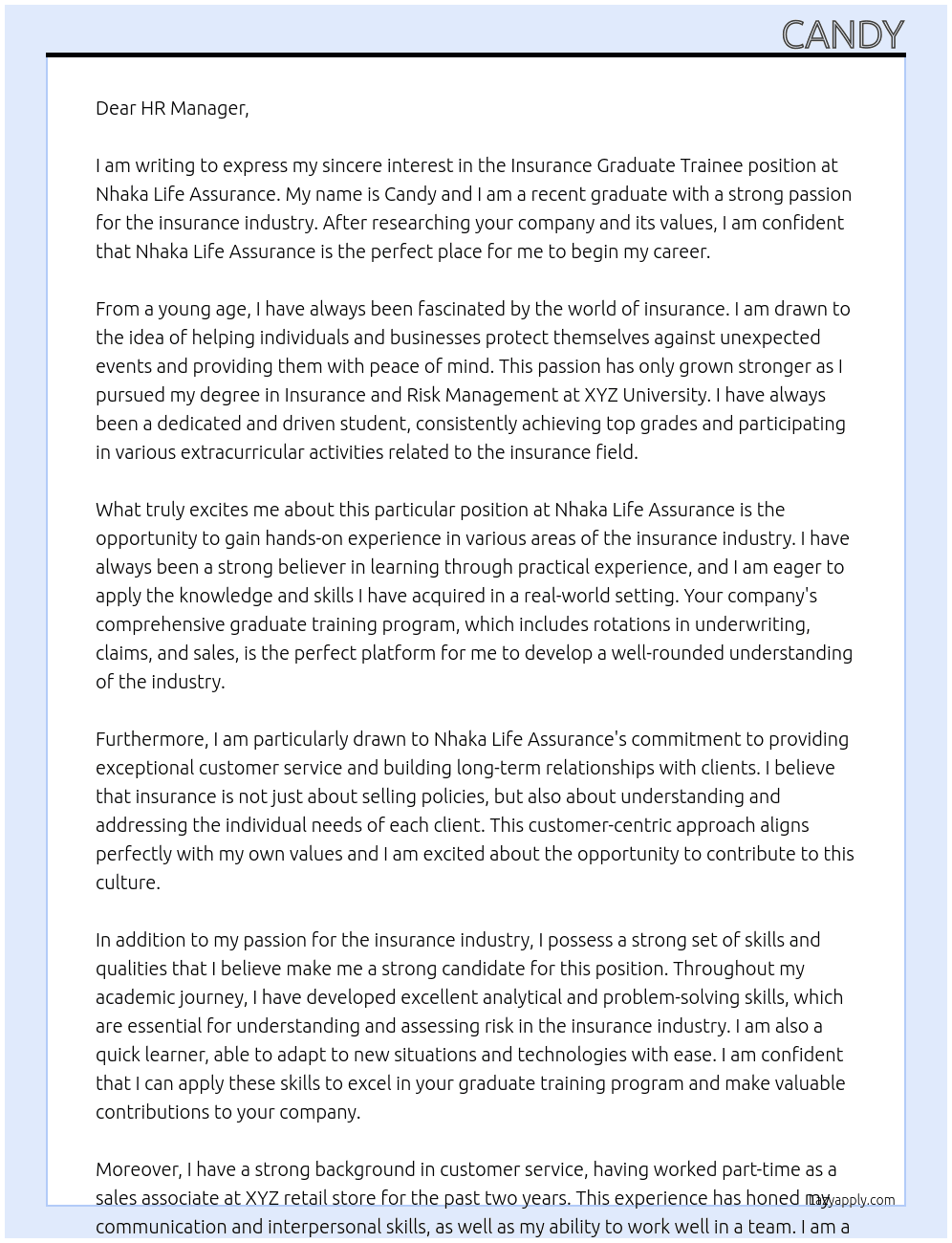 Insurance graduate trainee At Nhaka life assurance Cover Letter