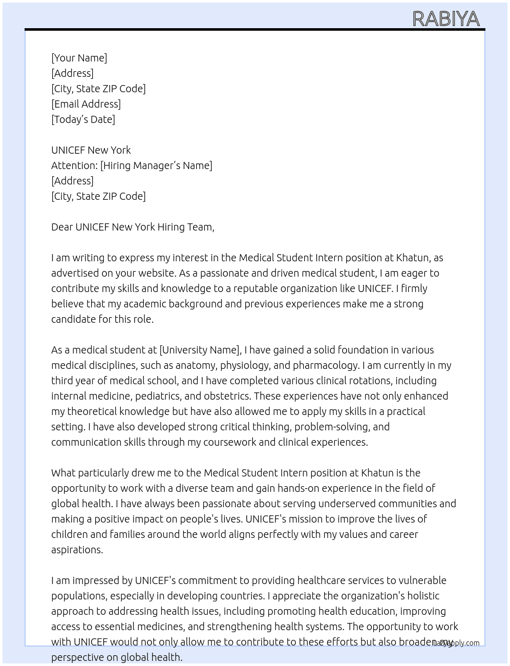Medical student intern At Khatun Cover Letter