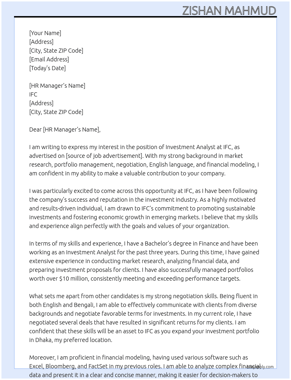 Investment Analyst At IFC Cover Letter