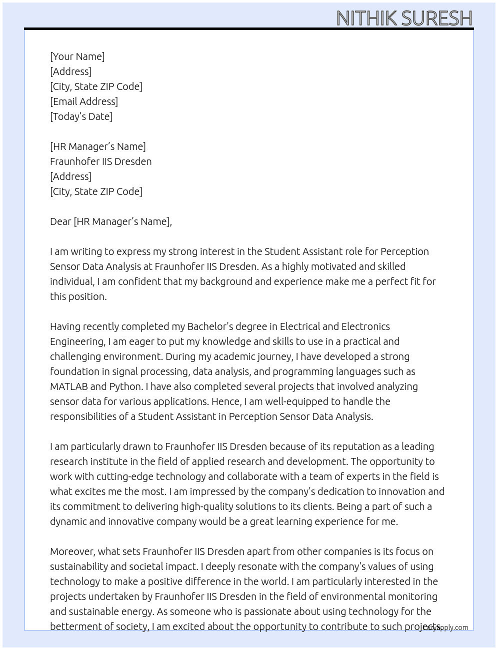  Student assistant : Perception sensor data analysis At Fraunhofer IIS Dresden Cover Letter