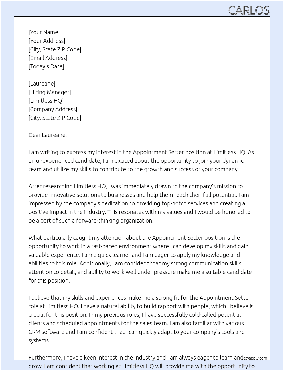 Appointment Setter At Limitless HQ Cover Letter