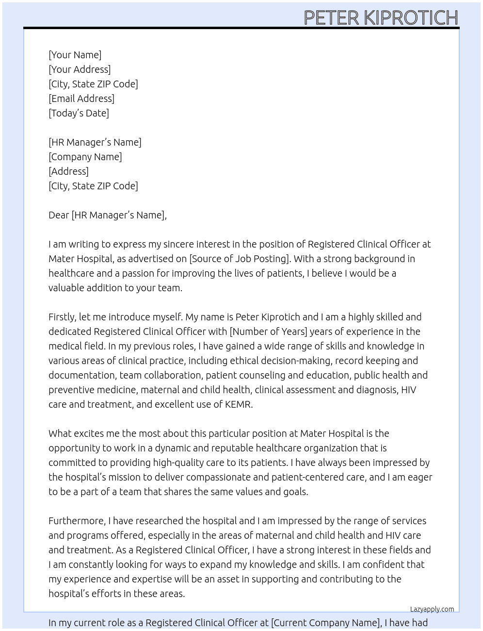 REGISTERED CLINICAL OFFICER At Mater Hospital Cover Letter