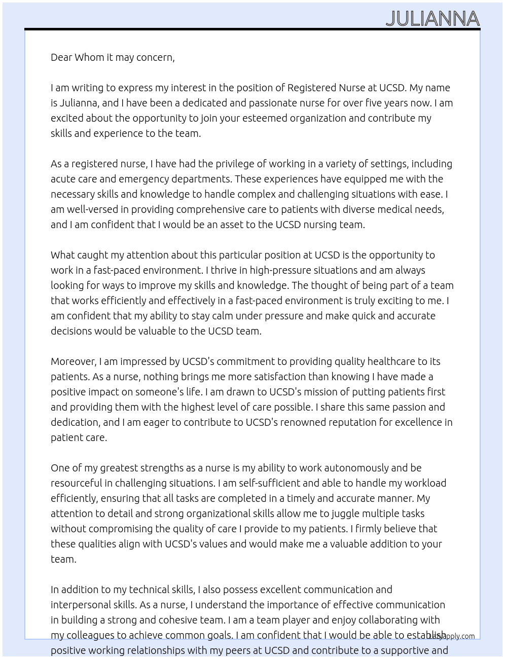 Registered nurse At Ucsd Cover Letter