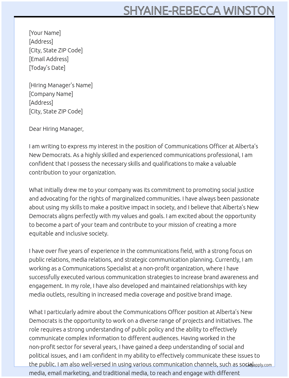 Communications officer  At Alberta’s New Democrats  Cover Letter