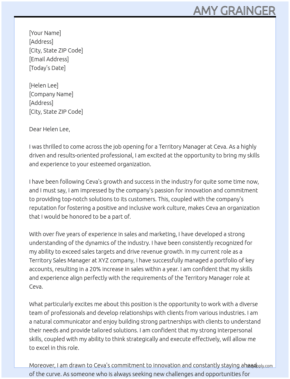 Territory Manager At Ceva Cover Letter