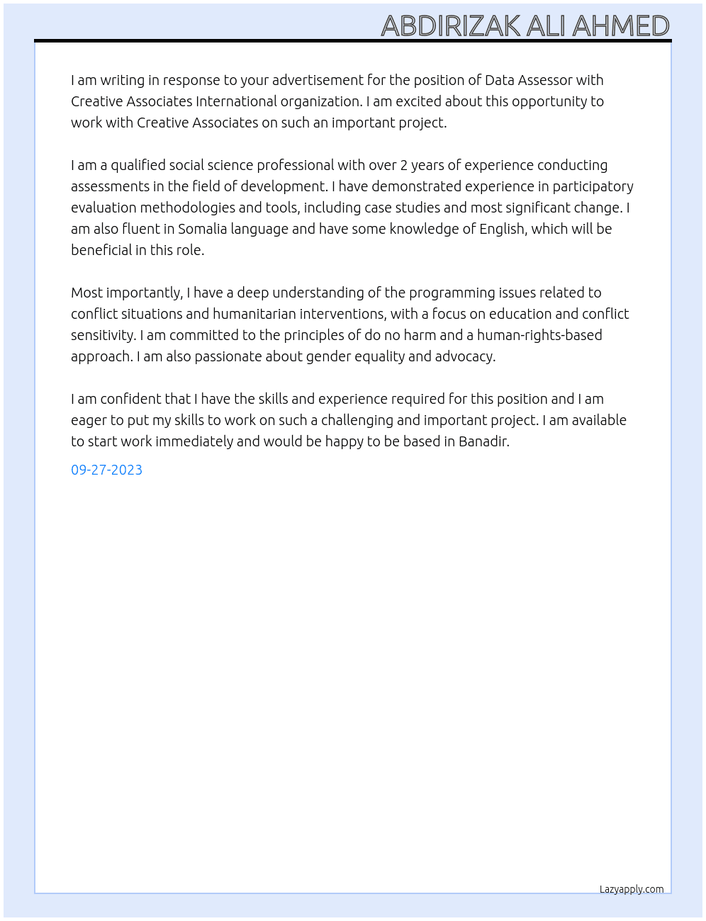 DATA ASSESSORS At Creative Associates International organization   Cover Letter