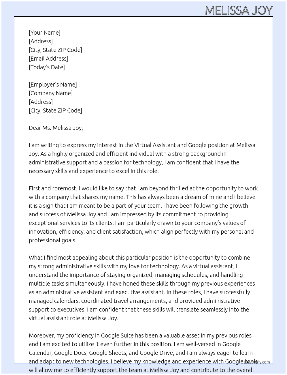 VIRTUAL ASSISTANT AND GOOGLE  At Melissa Joy Cover Letter