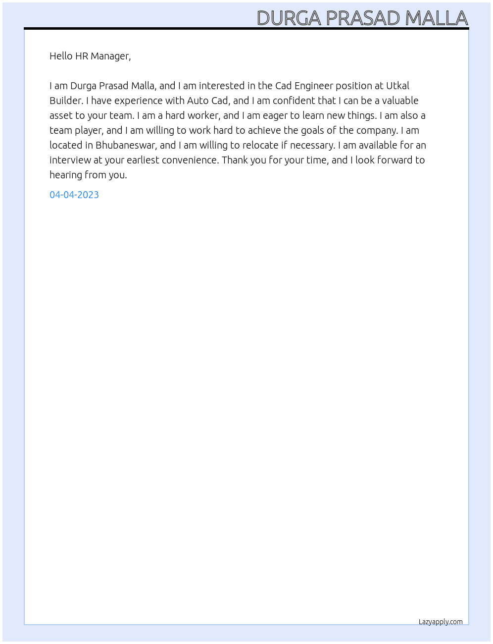 Cad Engineer  At Utkal Builder  Cover Letter